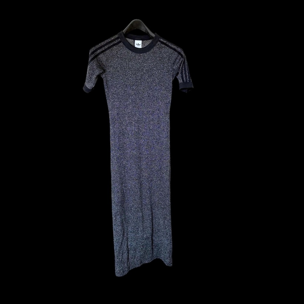 Adidas Adicolor Holiday Glitter 3 Stripes Dress Black Silver Metallic Maxi SMALL